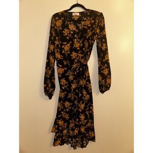 C+D+M Boho Preppy Professional Old Money Black & Gold Floral Wrap Dress